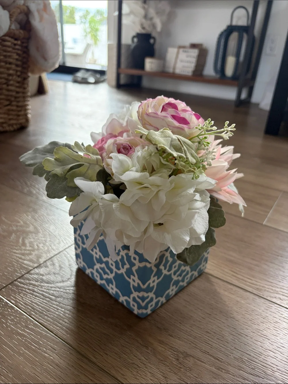 Pier 1 imports Floral Faux Arrangement in Blue Patterned Cube